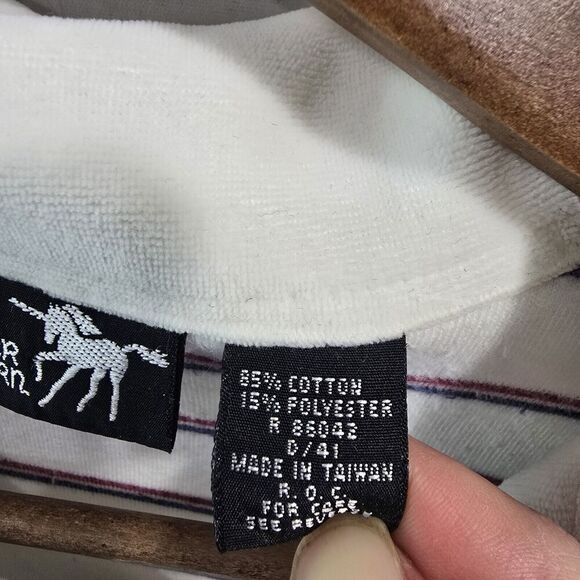 Vintage Sweatshirt Mens Large White Striped Velour 70s 80s Rugby Polo Pullover - Picture 4 of 11